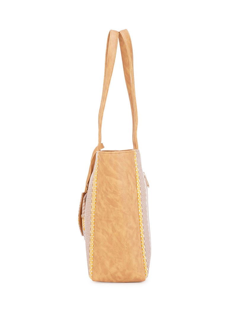 Globus Women Mustard Vegan Leather Jute Abstract Print Double Handle Tote Bag With Pouch - Image 3